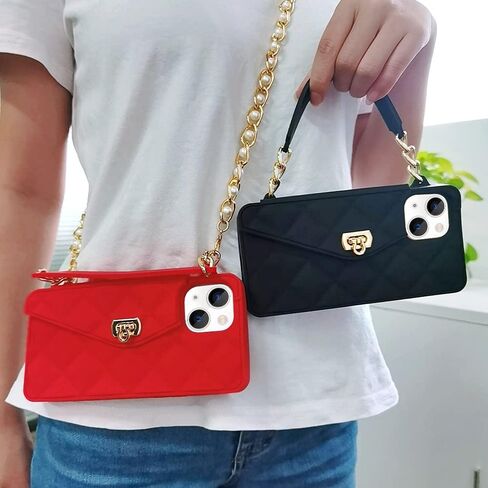 Omio for iPhone 13 Handbag Case with Flip Card Holder Wrist Lanyard Strap Soft Silicone Cover for iPhone 13 Wallet Case for Women Luxury Stylish Long Pearl Crossbody Chain Case Black in Saudi Arabia