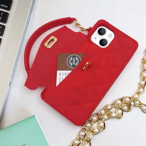 Omio for iPhone 13 Handbag Case with Flip Card Holder Wrist Lanyard Strap Soft Silicone Cover for iPhone 13 Wallet Case for Women Luxury Stylish Long Pearl Crossbody Chain Case Black in Saudi Arabia
