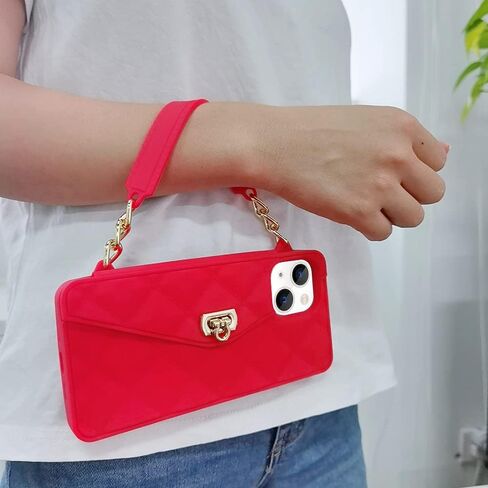 Omio for iPhone 13 Handbag Case with Flip Card Holder Wrist Lanyard Strap Soft Silicone Cover for iPhone 13 Wallet Case for Women Luxury Stylish Long Pearl Crossbody Chain Case Black in Saudi Arabia