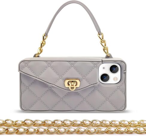 Omio for iPhone 13 Handbag Case with Flip Card Holder Wrist Lanyard Strap Soft Silicone Cover for iPhone 13 Wallet Case for Women Luxury Stylish Long Pearl Crossbody Chain Case Black in Saudi Arabia
