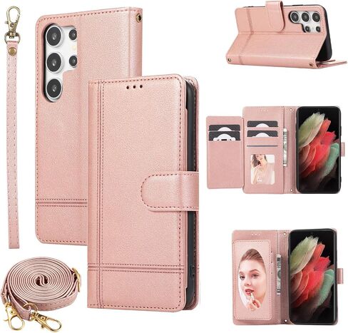 Compatible with Samsung Galaxy S23 Ultra 5G Wallet Case Wrist Strap, Crossbody Strap, Mirror PU Leather Flip Stand Cell Phone Cover for S23Ultra 23S S 23 23Ultra 6.8 inch Women Men Rose Gold in Saudi Arabia