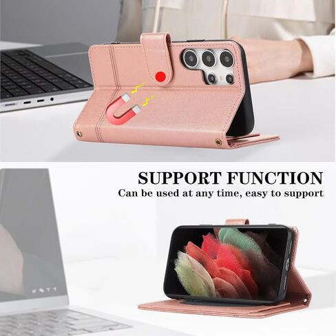Compatible with Samsung Galaxy S23 Ultra 5G Wallet Case Wrist Strap, Crossbody Strap, Mirror PU Leather Flip Stand Cell Phone Cover for S23Ultra 23S S 23 23Ultra 6.8 inch Women Men Rose Gold in Saudi Arabia