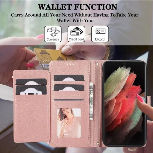 Compatible with Samsung Galaxy S23 Ultra 5G Wallet Case Wrist Strap, Crossbody Strap, Mirror PU Leather Flip Stand Cell Phone Cover for S23Ultra 23S S 23 23Ultra 6.8 inch Women Men Rose Gold in Saudi Arabia