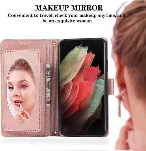 Compatible with Samsung Galaxy S23 Ultra 5G Wallet Case Wrist Strap, Crossbody Strap, Mirror PU Leather Flip Stand Cell Phone Cover for S23Ultra 23S S 23 23Ultra 6.8 inch Women Men Rose Gold in Saudi Arabia