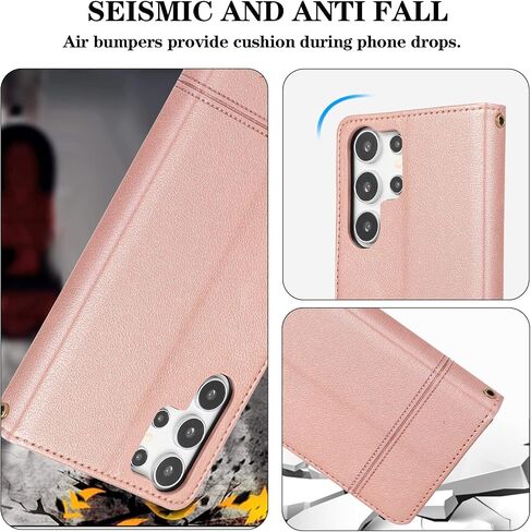 Compatible with Samsung Galaxy S23 Ultra 5G Wallet Case Wrist Strap, Crossbody Strap, Mirror PU Leather Flip Stand Cell Phone Cover for S23Ultra 23S S 23 23Ultra 6.8 inch Women Men Rose Gold in Saudi Arabia