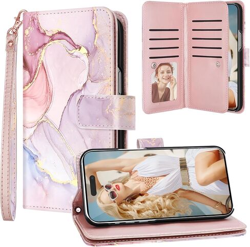 Fingic iPhone 14 Pro Case Wallet Rose Gold Marble 9 حامل بطاقات من جلد البولي يوريثان إغلاق مغناطيسي قابل للفصل حافظة محفظة بحزام معصم للنساء والفتيات حافظة هاتف لهاتف iPhone 14 Pro 5G (6.1 بوصة)، 2022 in Kuwait