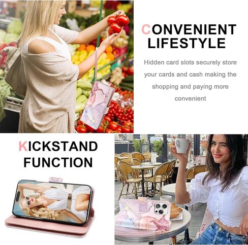 Fingic iPhone 14 Pro Case Wallet Rose Gold Marble 9 حامل بطاقات من جلد البولي يوريثان إغلاق مغناطيسي قابل للفصل حافظة محفظة بحزام معصم للنساء والفتيات حافظة هاتف لهاتف iPhone 14 Pro 5G (6.1 بوصة)، 2022 in Kuwait