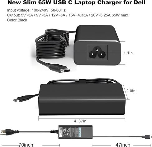 شاحن 65 واط لجهاز Dell Inspiron 14، بديل لجهاز Dell Inspiron 14 7420 7425 Dell Inspiron 14 16 5620 5625 5630 5635 5420 5425 محول طاقة تيار متردد من النوع C in Kuwait