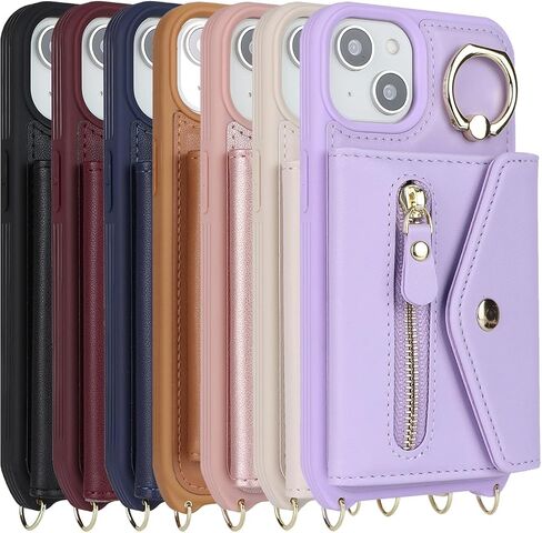 حافظة iPhone 14 Plus مع حامل بطاقات بسحاب وحزام للنساء، حافظة هاتف iPhone 14 Plus محفظة متوافقة مع جلد البولي يوريثان وزر قلاب مقاوم للصدمات لهاتف iPhone 14 Plus-بني in Saudi Arabia