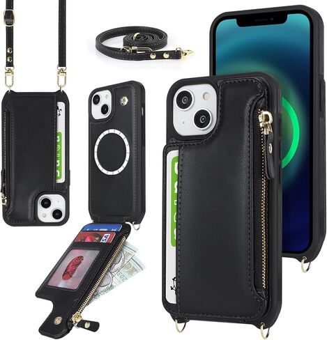 حافظة iPhone 14 Plus مع حامل بطاقات بسحاب وحزام للنساء، حافظة هاتف iPhone 14 Plus محفظة متوافقة مع جلد البولي يوريثان وزر قلاب مقاوم للصدمات لهاتف iPhone 14 Plus-بني in Saudi Arabia