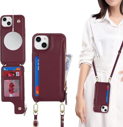حافظة iPhone 14 Plus مع حامل بطاقات بسحاب وحزام للنساء، حافظة هاتف iPhone 14 Plus محفظة متوافقة مع جلد البولي يوريثان وزر قلاب مقاوم للصدمات لهاتف iPhone 14 Plus-بني in Kuwait