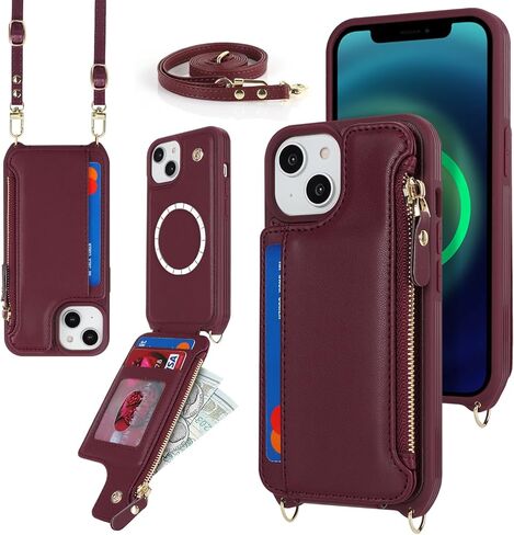 حافظة iPhone 14 Plus مع حامل بطاقات بسحاب وحزام للنساء، حافظة هاتف iPhone 14 Plus محفظة متوافقة مع جلد البولي يوريثان وزر قلاب مقاوم للصدمات لهاتف iPhone 14 Plus-بني in Kuwait