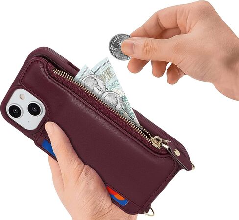 حافظة iPhone 14 Plus مع حامل بطاقات بسحاب وحزام للنساء، حافظة هاتف iPhone 14 Plus محفظة متوافقة مع جلد البولي يوريثان وزر قلاب مقاوم للصدمات لهاتف iPhone 14 Plus-بني in Kuwait