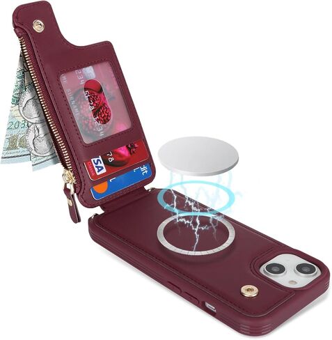 حافظة iPhone 14 Plus مع حامل بطاقات بسحاب وحزام للنساء، حافظة هاتف iPhone 14 Plus محفظة متوافقة مع جلد البولي يوريثان وزر قلاب مقاوم للصدمات لهاتف iPhone 14 Plus-بني in Kuwait