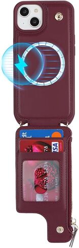 حافظة iPhone 14 Plus مع حامل بطاقات بسحاب وحزام للنساء، حافظة هاتف iPhone 14 Plus محفظة متوافقة مع جلد البولي يوريثان وزر قلاب مقاوم للصدمات لهاتف iPhone 14 Plus-بني in Kuwait