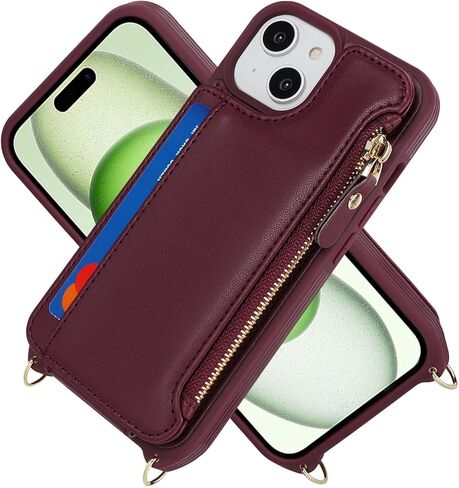 حافظة iPhone 14 Plus مع حامل بطاقات بسحاب وحزام للنساء، حافظة هاتف iPhone 14 Plus محفظة متوافقة مع جلد البولي يوريثان وزر قلاب مقاوم للصدمات لهاتف iPhone 14 Plus-بني in Kuwait