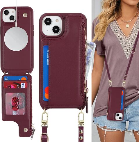 حافظة iPhone 14 Plus مع حامل بطاقات بسحاب وحزام للنساء، حافظة هاتف iPhone 14 Plus محفظة متوافقة مع جلد البولي يوريثان وزر قلاب مقاوم للصدمات لهاتف iPhone 14 Plus-بني in Kuwait