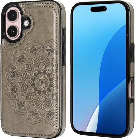 Vaburs Compatible with iPhone 16 Case Wallet with Card Holder, Embossed Mandala Pattern Flower PU Leather Double Buttons Flip Shockproof Cover for Magnetic Car Mount 6.1 Inch (Dark Green) in Saudi Arabia