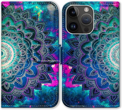 حافظة Bcov لهاتف iPhone 16 Pro، حافظة هاتف قلابة من الجلد على شكل زهرة ماندالا مع فتحة للبطاقات ومسند لهاتف Apple iPhone 16 Pro in Kuwait