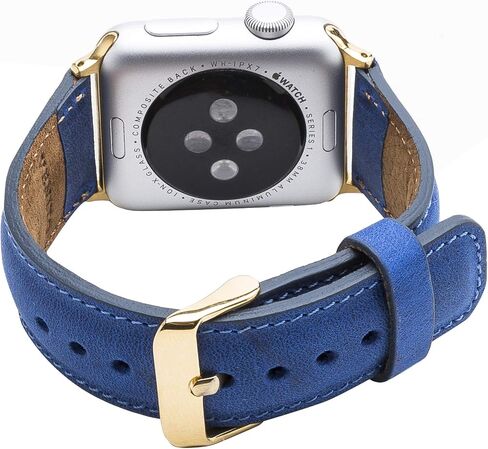 Tuscany Leather Bands Compatible with Apple Watch 38mm 40mm 41mm Band, iWatch Replacement Strap for Series 1, 2, 3, 4, 5, 6, 7, SE, 8, Ultra, Sport (Antique Dark Blue w/Gold Connector&Clasp) in Saudi Arabia