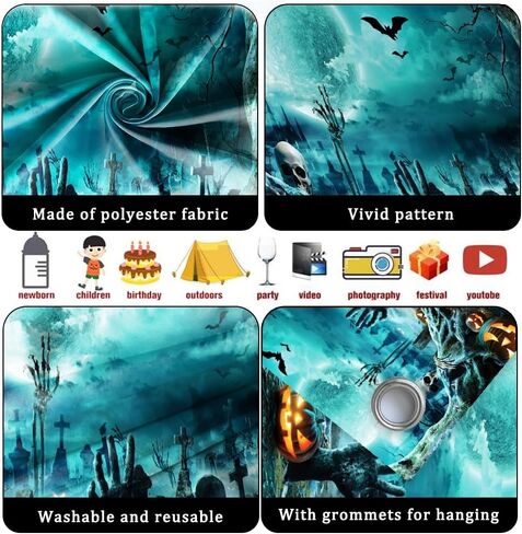 7x16ft Halloween Garage Door Cover Horror Halloween Party Decoration Backdrops for Photography Full Moon Night Scary Graveyard Hands Bats Halloween Pumpkins Background Family Portraits Decor in Saudi Arabia