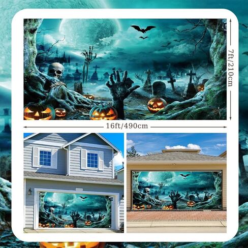 7x16ft Halloween Garage Door Cover Horror Halloween Party Decoration Backdrops for Photography Full Moon Night Scary Graveyard Hands Bats Halloween Pumpkins Background Family Portraits Decor in Saudi Arabia