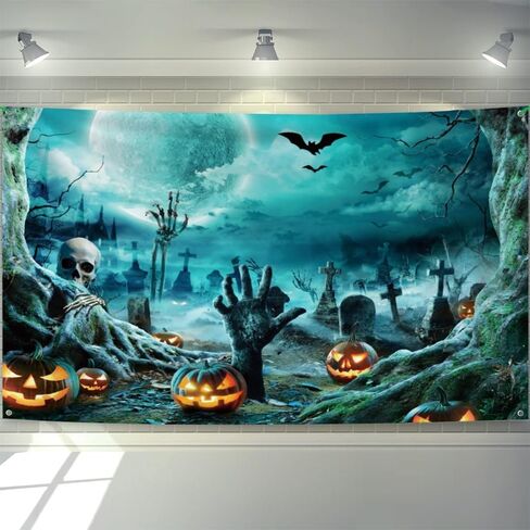 7x16ft Halloween Garage Door Cover Horror Halloween Party Decoration Backdrops for Photography Full Moon Night Scary Graveyard Hands Bats Halloween Pumpkins Background Family Portraits Decor in Saudi Arabia