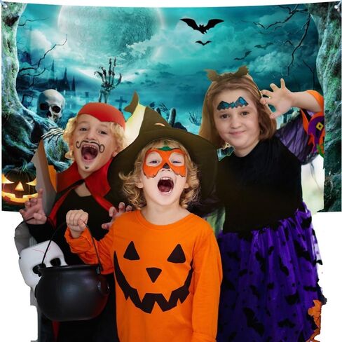 7x16ft Halloween Garage Door Cover Horror Halloween Party Decoration Backdrops for Photography Full Moon Night Scary Graveyard Hands Bats Halloween Pumpkins Background Family Portraits Decor in Saudi Arabia