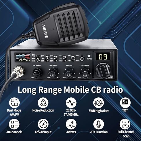 ABBREE CB Radio Kit AM/FM Professional Long Range Portable CB Radio with Magnetic Mount Antenna and External Speaker- NOAA Emergency Radio,Instant Channel 9,Noise Reduction and SWR Calibration,Black in Kuwait