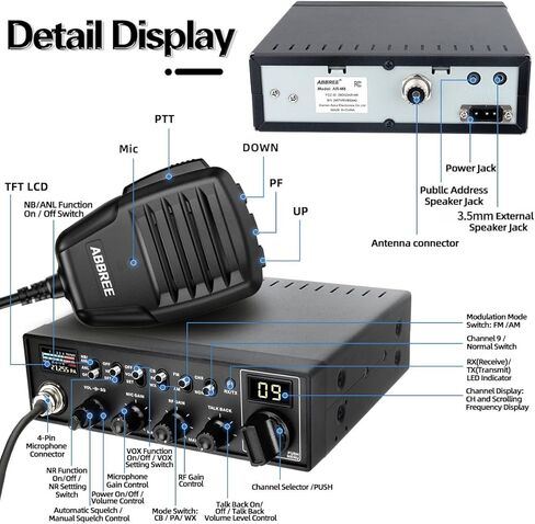 ABBREE CB Radio Kit AM/FM Professional Long Range Portable CB Radio with Magnetic Mount Antenna and External Speaker- NOAA Emergency Radio,Instant Channel 9,Noise Reduction and SWR Calibration,Black in Kuwait