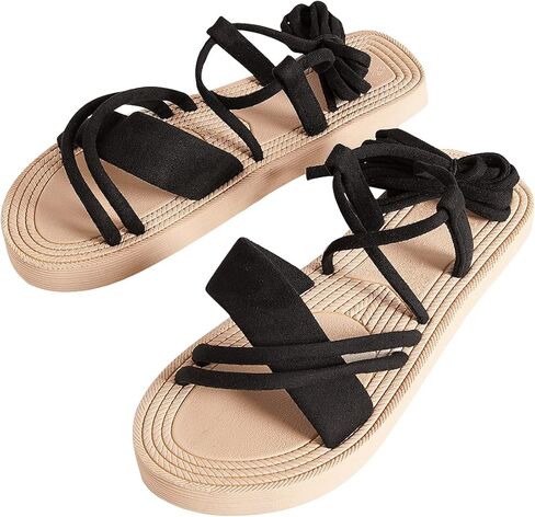 GORGLITTER Women's Crisscross Strappy Tie Up Sandals Lace Up Thick Sole Ankle Strap Vacation Flat Sandals in Saudi Arabia