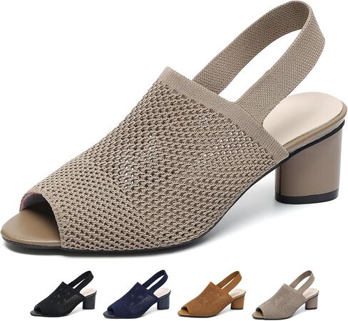 Women's Knit Peep Toe Chunky Block Heeled Sandals with Ankle Strap Fashion Hollow Pointed Toe Elastic Slingback Slip On High Heels Summer Casual Work Office Wedding Dressy Pumps in Saudi Arabia
