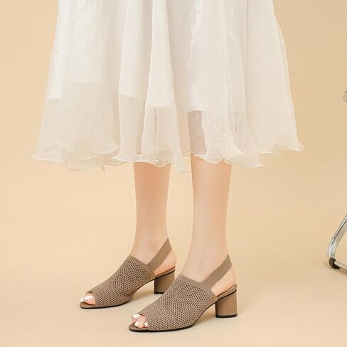 Women's Knit Peep Toe Chunky Block Heeled Sandals with Ankle Strap Fashion Hollow Pointed Toe Elastic Slingback Slip On High Heels Summer Casual Work Office Wedding Dressy Pumps in Saudi Arabia