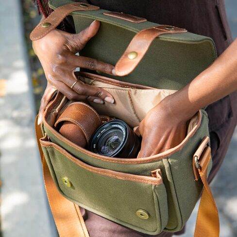 MegaGear Sequoia Canvas Bag Compatible with Canon, Nikon, Sony SLR/DSLR Mirrorless Cameras, Khaki Green (MG1974), PU Leather in Saudi Arabia