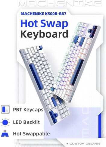 لوحة مفاتيح ميكانيكية للألعاب K500B 75% RGB LED بإضاءة خلفية، 87 مفتاحًا TKL لوحة مفاتيح سلكية مدمجة، مفتاح أحمر كليكي قابل للتبديل السريع، أغطية مفاتيح PBT مزدوجة اللقطة، أبيض/أزرق in Kuwait