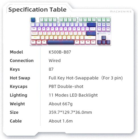 لوحة مفاتيح ميكانيكية للألعاب K500B 75% RGB LED بإضاءة خلفية، 87 مفتاحًا TKL لوحة مفاتيح سلكية مدمجة، مفتاح أحمر كليكي قابل للتبديل السريع، أغطية مفاتيح PBT مزدوجة اللقطة، أبيض/أزرق in Kuwait