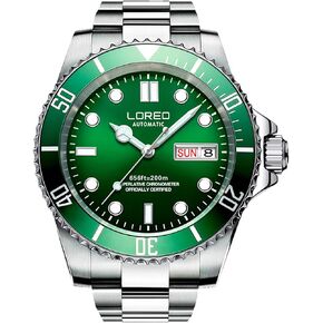 LOREO Mens Silver Stainless Steel Sapphire Glass Blue Rotating bezel Men's Automatic date week Watch
