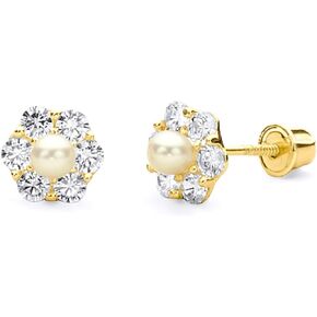 14k Yellow Gold Flower CZ & Freshwater Cultured Pearl Stud Earrings with Screw Back