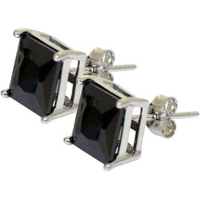 Black Cubic Zirconia Princess Cut Stud Earrings on 925 Sterling Silver Rhodium Plated Sizes 4mm-8mm
