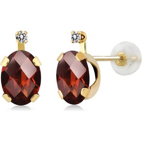 Gem Stone King 14K Yellow Gold Red Garnet and White Diamond Earrings For Women (1.61 Cttw, Gemstone January Birthstone, Oval Checkerboard 7X5MM)