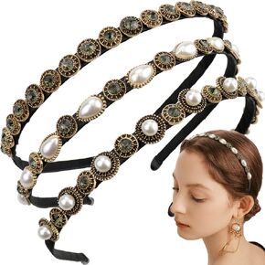 NAIHOD 3 Pcs Pearls Rhinestones Thin Headbands for Women Girls Luxury Vintage Hair Bands for Women's Hair with Cloth Wrapped Metal Hair Hoop Baroque Headpiece Elastic Head Bands