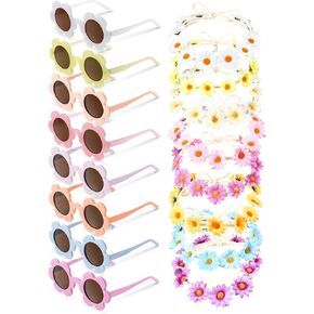 16 Pcs 5.7 Inch Adults Flower Sunglasses Daisy Flower Headbands Set Includes 8 Pcs Round Flower UV Protection Glasses and 8 Pcs Sunflower Hair Wreath Flower Crown for Ladies Hippie Party Favors