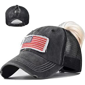 UTOWO Women Baseball-Caps Distressed-American-Flag Ponytail-High-Bun Trucker Dad-Hats
