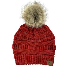 Plum Feathers Soft Stretch Cable Knit Ribbed Faux Fur Pom Pom Beanie Hat