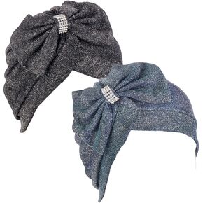2 Pieces Glitter Bowknot Fashion Turban Hat Cross Forehead Big Bow Turbans Headwrap for Women