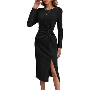 SweatyRocks Women's Casual Twist Front Long Sleeve Midi Dress Round Neck Split Thigh Knitted Long Dresses