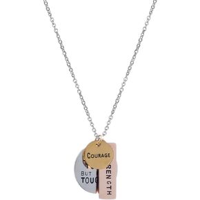 Fervent Inspirational Tag Necklace [Love - Courage - Strength] Tri-Toned Stamped Plates on Link Chain Necklace