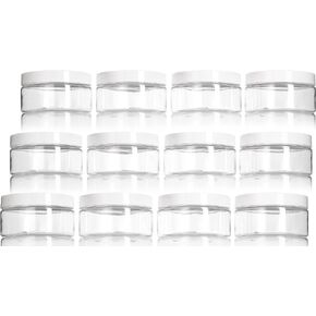 JUVITUS 8 oz Clear PET Plastic Low Profile Jar with White Smooth Lids (12 Pack) BPA Free Large Refillable Empty Storage Containers