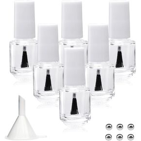 6PCS Empty Nail Polish Bottles with Brush White Cap, 10ML Empty Clear Glass Refillable Nail Fingernail Polish Bottles Circle with mixing beads & Funnels, 0.35 OZ