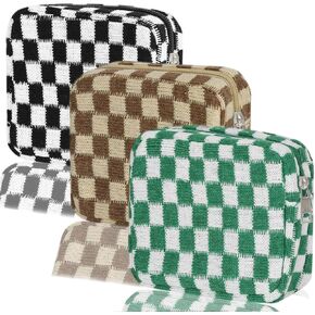 3pcs Checkered Mini Makeup Bag Pocket CosmeticBag Portable Zipper Aesthetic Preppy Small Makeup Pouch for Women Mini Travel Makeup Organizer Storage Car Accessories (Black Green Brown)
